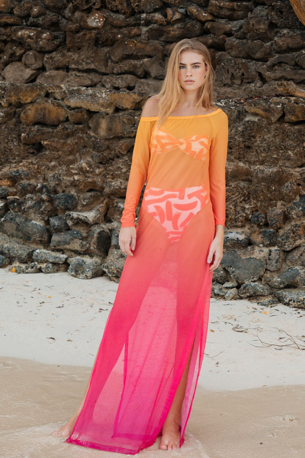 open lace back dress SUNSET PLEATED OMBRE MAXI DRESS – AKIRA