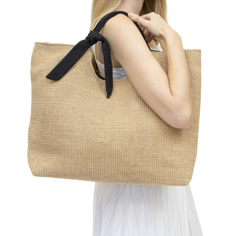 Cotton Wrap Bow Jute Tote - Black