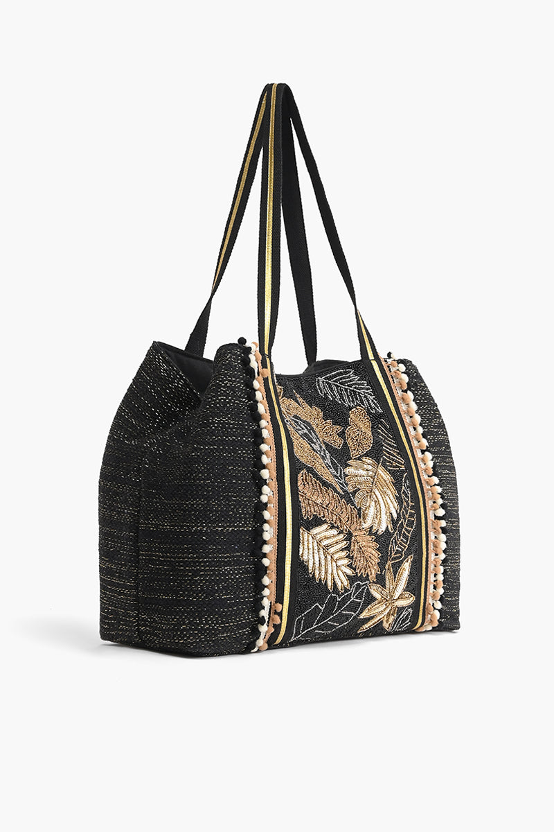 Black Metallic Tropical Leaves Tote