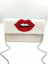 Red Lips Beaded Clutch - White