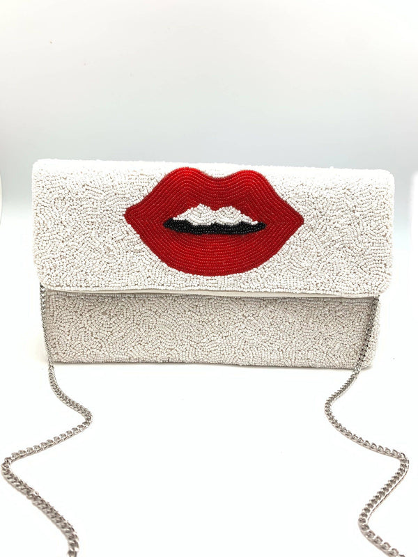 Red Lips Beaded Clutch - White