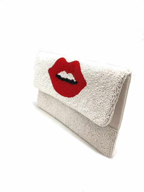 Red Lips Beaded Clutch - White