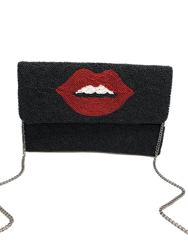 Red Lips Beaded Clutch - Black