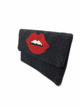 Red Lips Beaded Clutch - Black