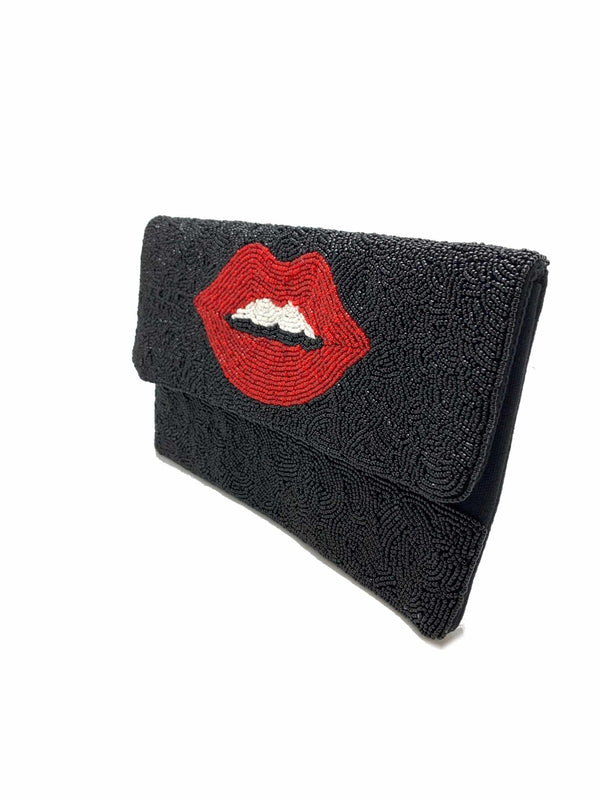 Red Lips Beaded Clutch - Black