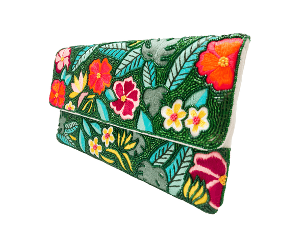 Multi Floral Leaves Beaded Clutch