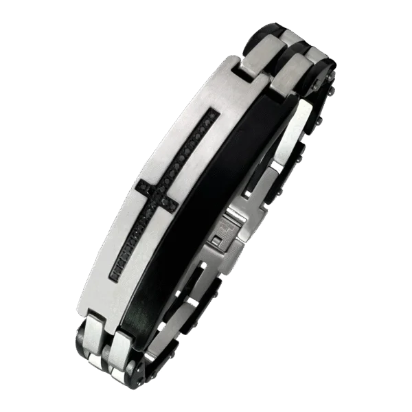 Stainless Steel Bracelet w/ Black CZ Cross Accents