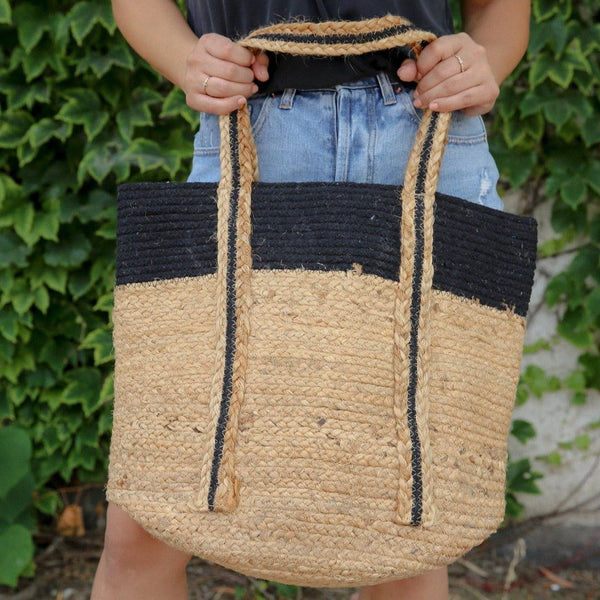 Color Block Jute Tote - Black