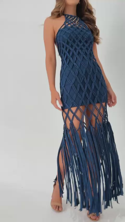 Noite Azul Tecido Halter Dress