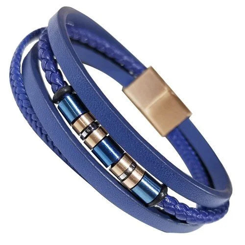 Blue and Rose Gold Charms Leather Bracelet