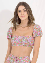 Petite Pompom Ebony Puff Sleeve Bikini Top