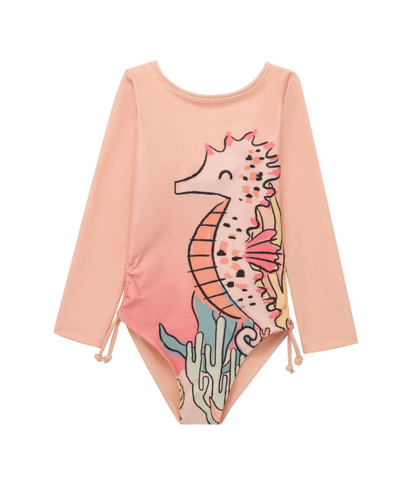 Seahorse Coral Long Sleeve Girls One Piece