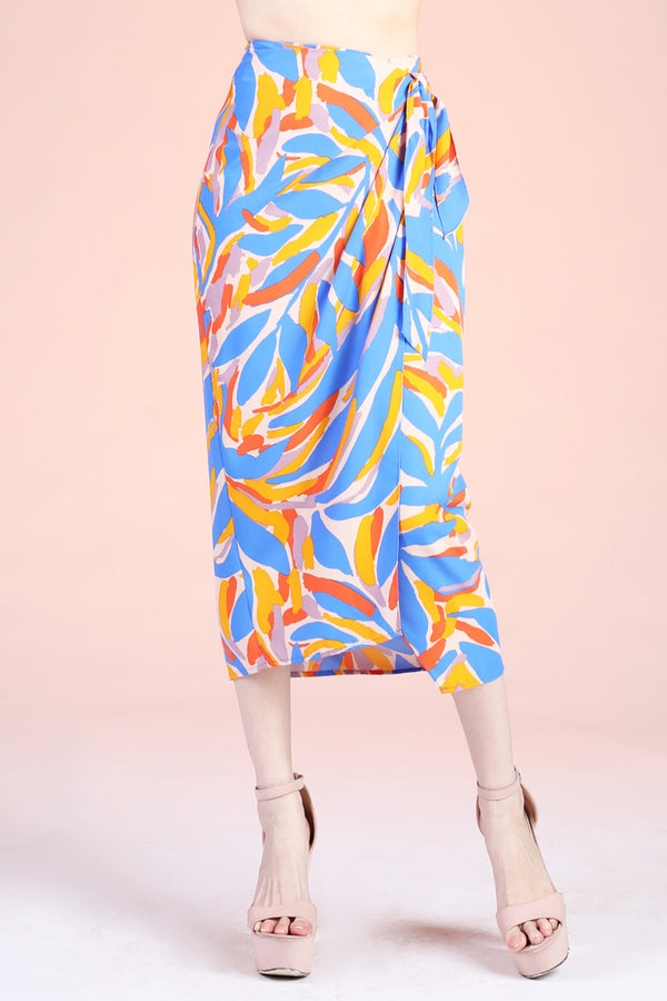 Kalo Leaf Wrap Midi Skirt - Blue